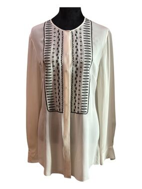 Veronica Beard Tunic Blouse 100% Silk Ivory W/Black Embroider Long Sleeve Sz 8